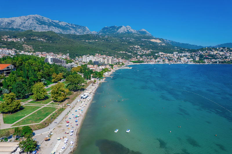 Igalo beach and promenade on the Bay of Kotor, Montenegro