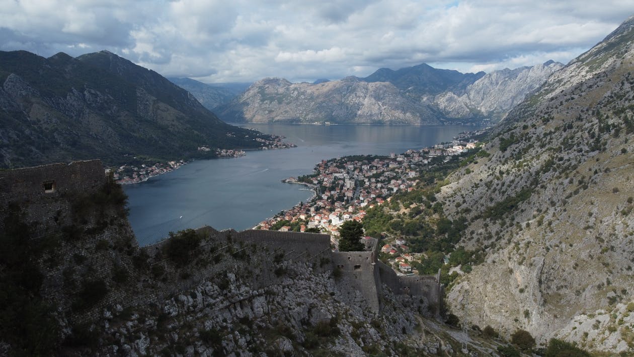 The innermost section of the Bay of Kotor near Risan, with the Orjen massif rising steeply behind, Montenegro
