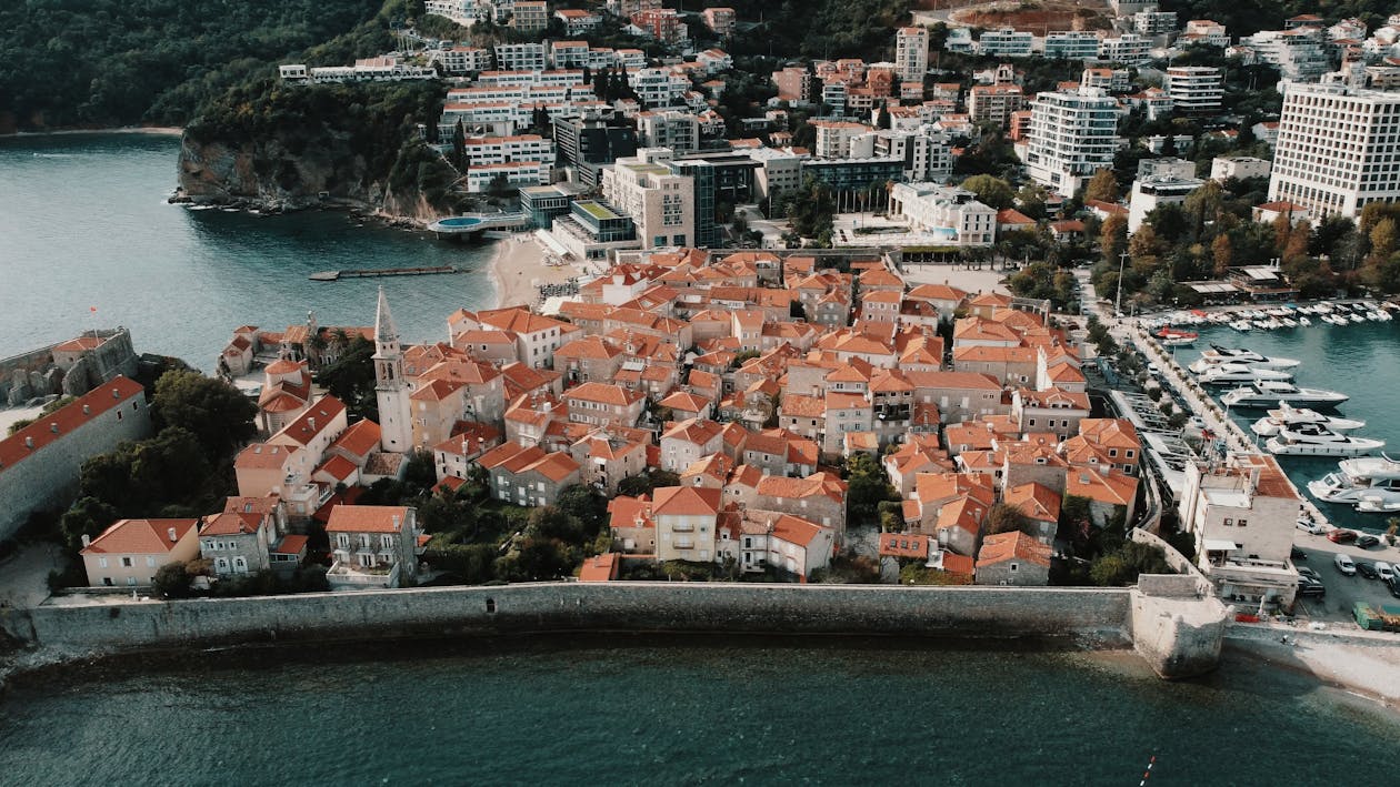Aerial view of Bečići bay and beach, Budva Riviera, Montenegro