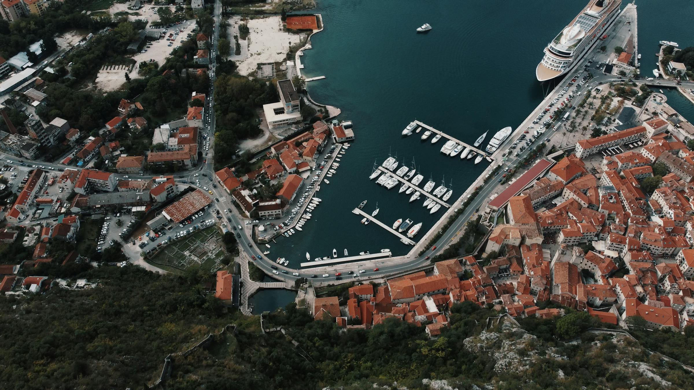 Bay of Kotor viewed from the Prcanj waterfront toward the Verige strait and Tivat, Montenegro