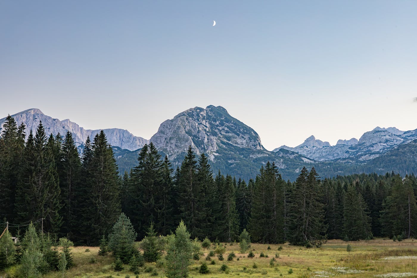 Chaîne de montagnes monténégrine avec forêt de pins sous une lune levante, lumière du soir