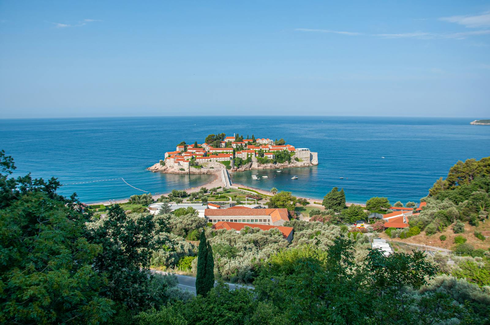 Aerial view of Sveti Stefan islet linked to the mainland by a causeway, Montenegro